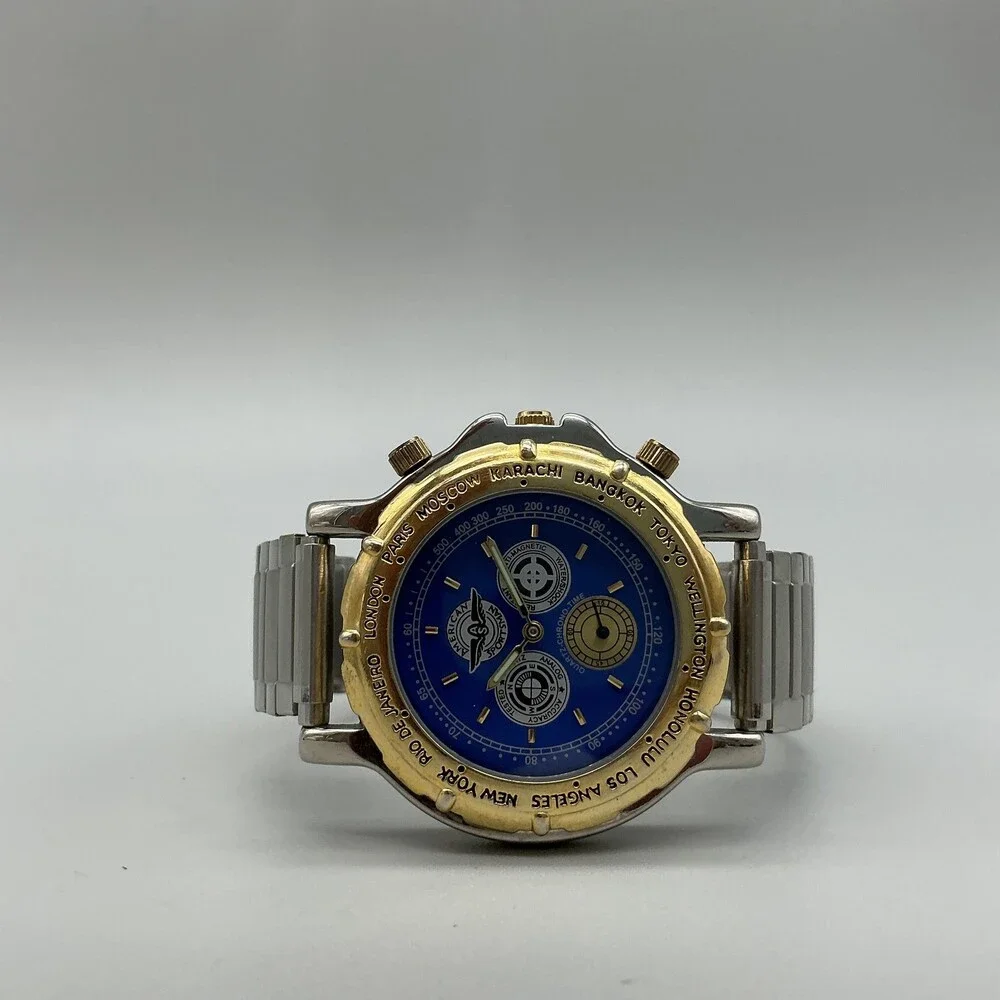 Vintage American Sportsman Mens Watch 39mm Blue Dial Two Tone Chronograph